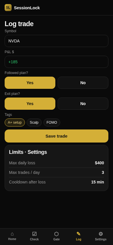 Log trade and settings limits